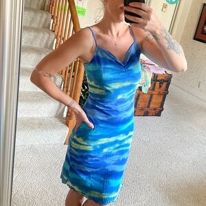 Guess Vintage y2k 2000s Blue & Lime Tie-Dye Slip Mini Dress